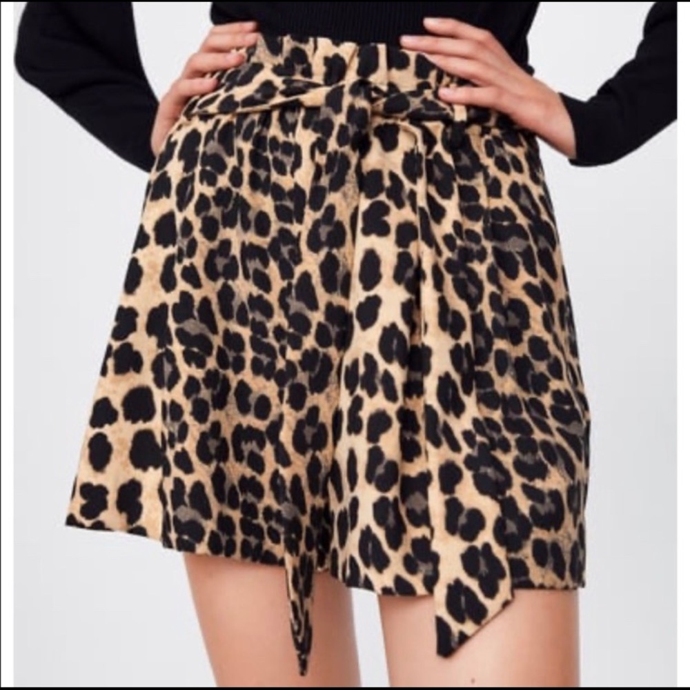 Zara Paperbag Leopard Animal Print Belted Shorts